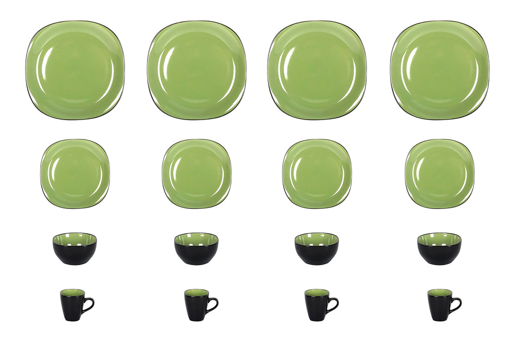 Stoneware Square 16pc Dinnerware Set, Inside Siny Green and Outside Matte Black