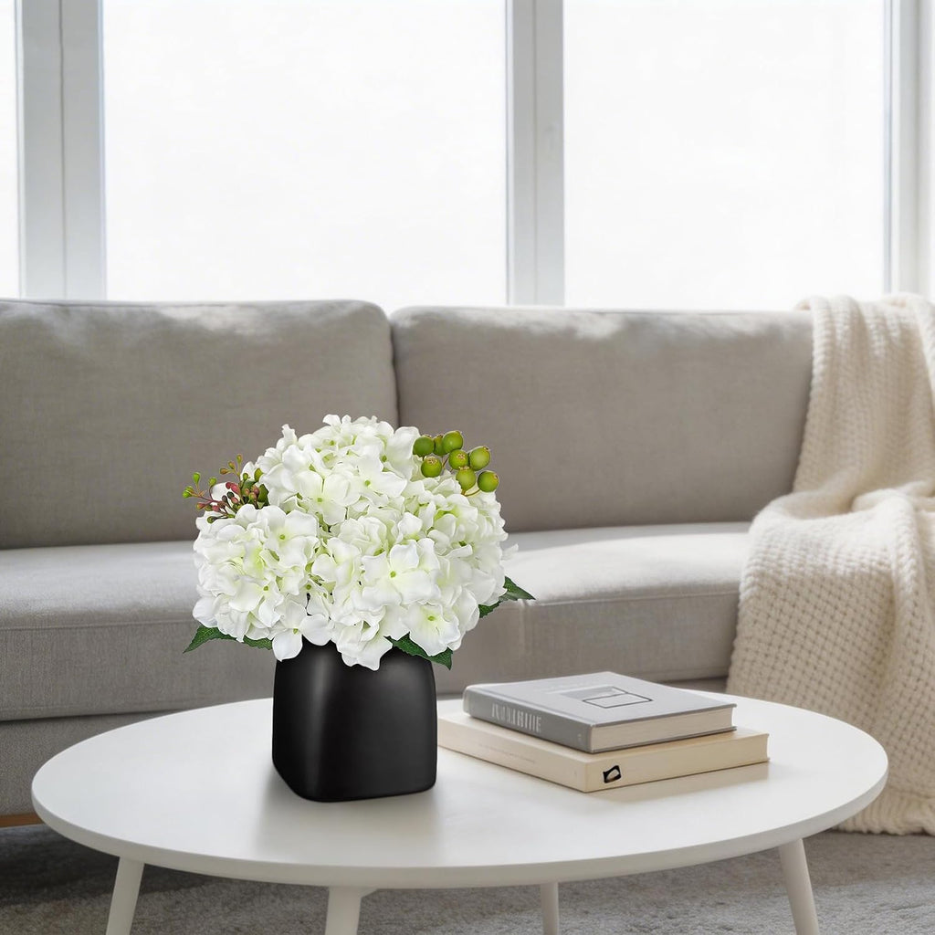 Artificial White Hydrangea Arrangement, Matte Black Vase Centerpiece