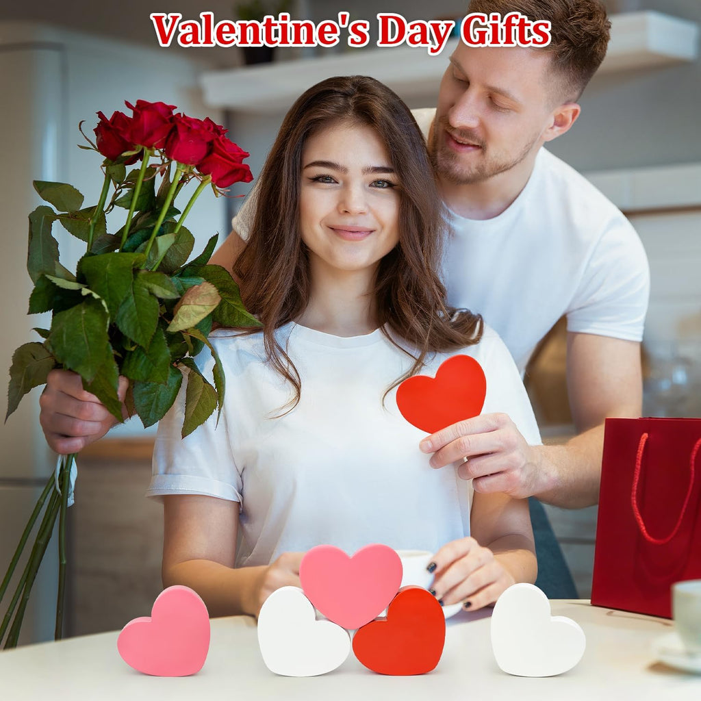 Valentines Day Hearts Decorations for the Home Table , Red Pink White Wooden Heart Shaped Signs for Tiered Tray - Set of 6