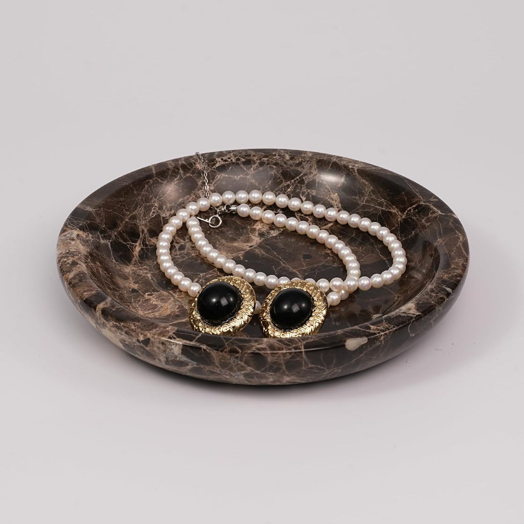Brown Marble Jewelry Tray - Stone Trinket Ring Key Purse Holder Dish, Small Cute Round Plate Decorative Bowl for