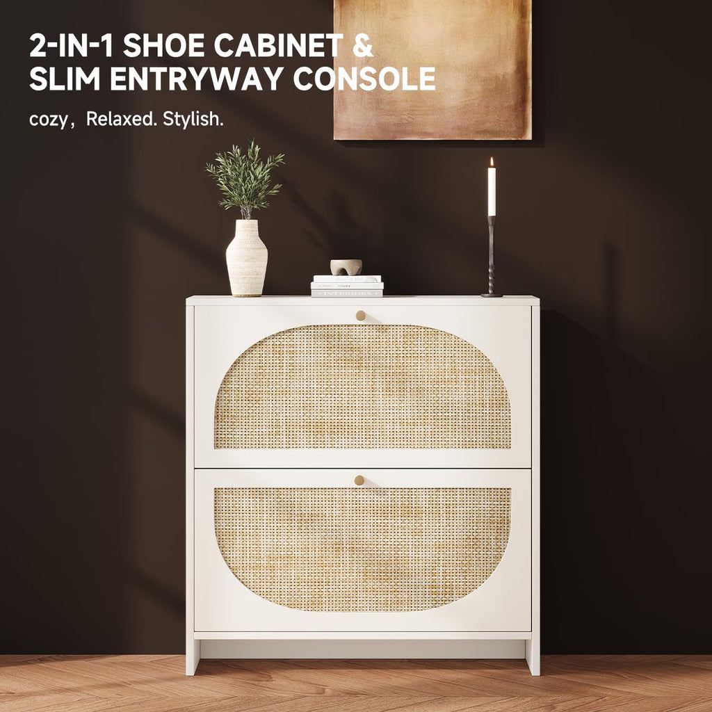 Shoe Cabinet Storage Slim 9.5" Freestanding Floor Base Shoe Storage Cabinet, 2 Flip Drawers with 3-Position
