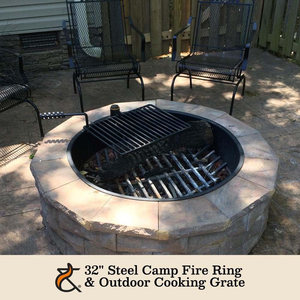 Ash & Ember 32" Steel Fire Pit Ring with Cooking Grate, 15.5" x 19.5" Swivel Grate with Spring Handle, Steel Fire