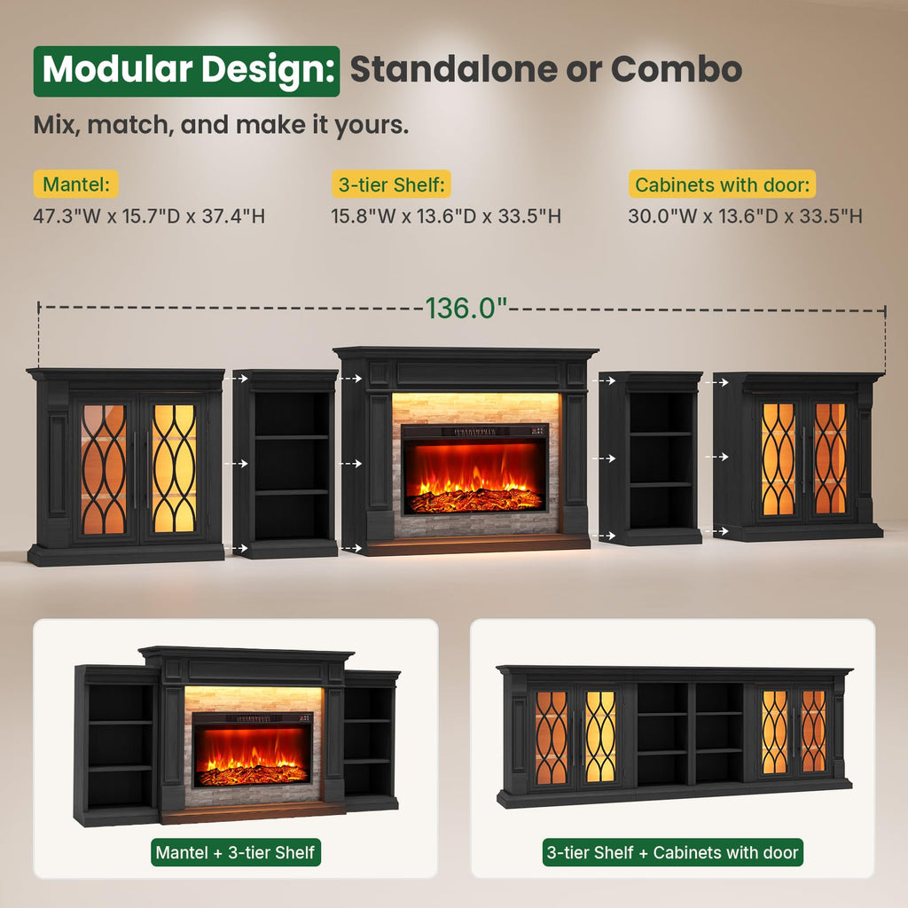 136" Fireplace TV Stand, 3-in-1 Modular: Mantel+ Bookcases+ Cabinets