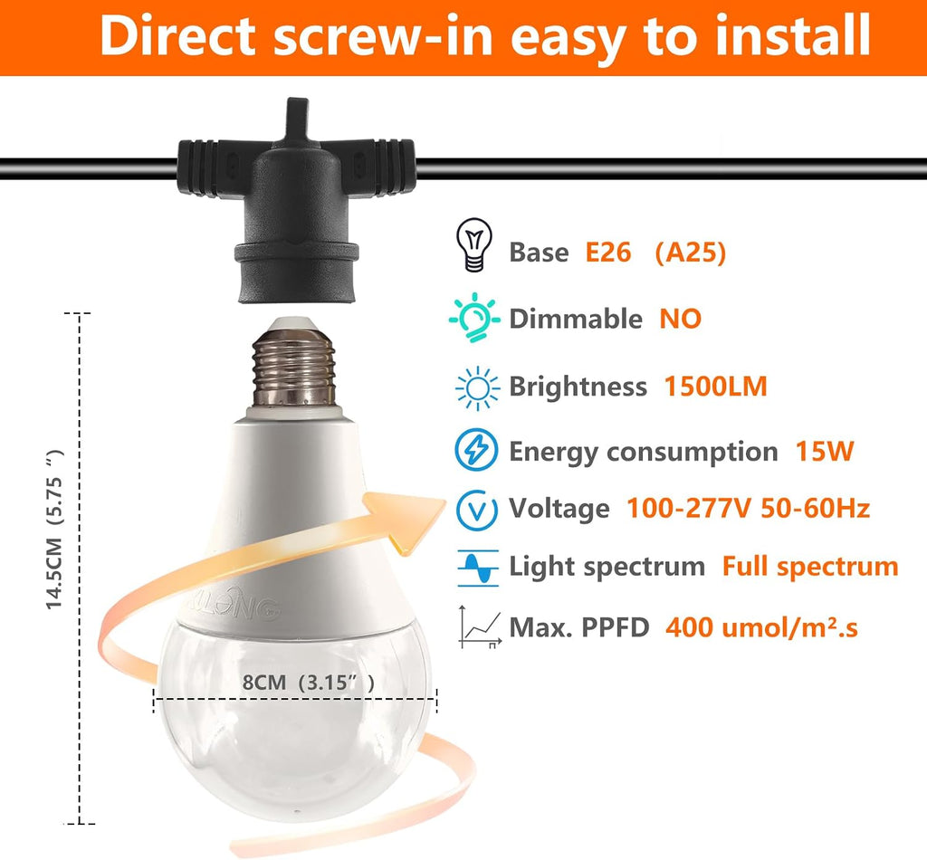 A25 Bulb Plus Size, 15W Grow Bulb,150W Equivalent,LED Grow Light Bulbs, Full Spectrum Grow Lighting, Plant Light