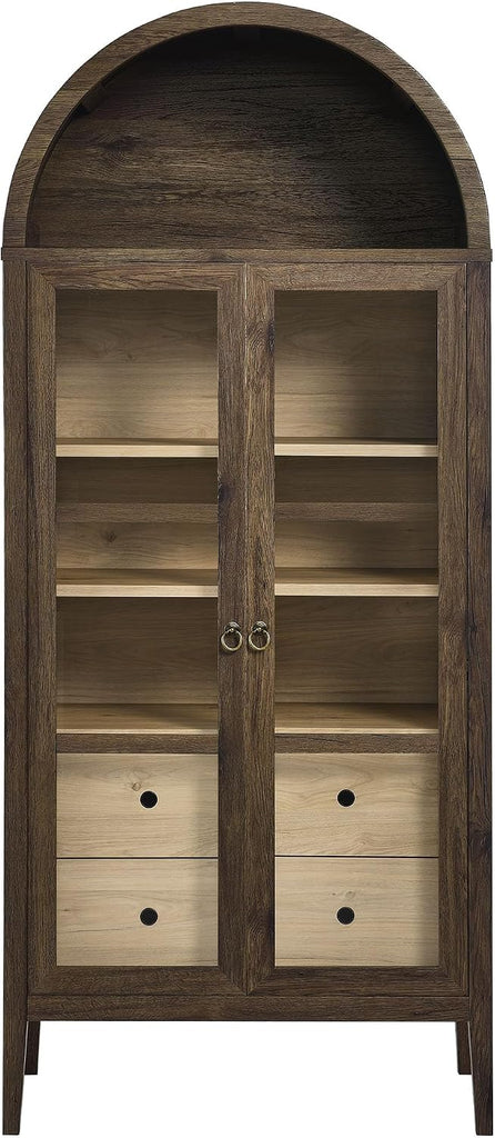 Nolan Modern Farmhouse 71 Inch Tall Arched Storage Display Cabinet in Walnut Hickory Wood Grain - 4-Tier Bookcase