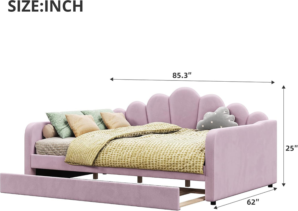 Queen Size Upholstered Daybed with Trundle, Velvet Corner Bed Frame with Shell Shaped Headboard for Kids Teens
