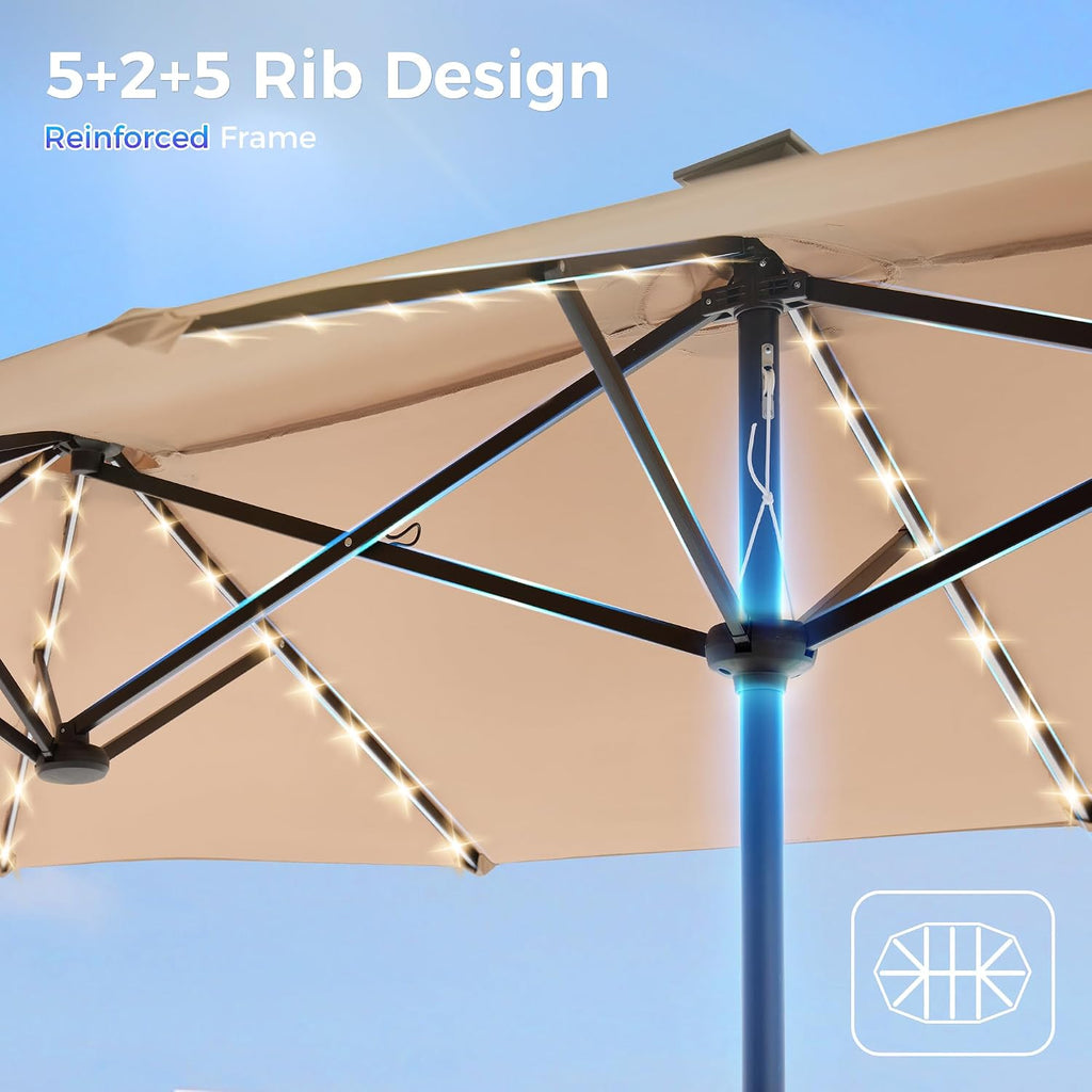 13ft Outdoor Patio Umbrella with Solar Lights, Double-sided Deck Pool Umbrella with 1.5 Inch Pole
