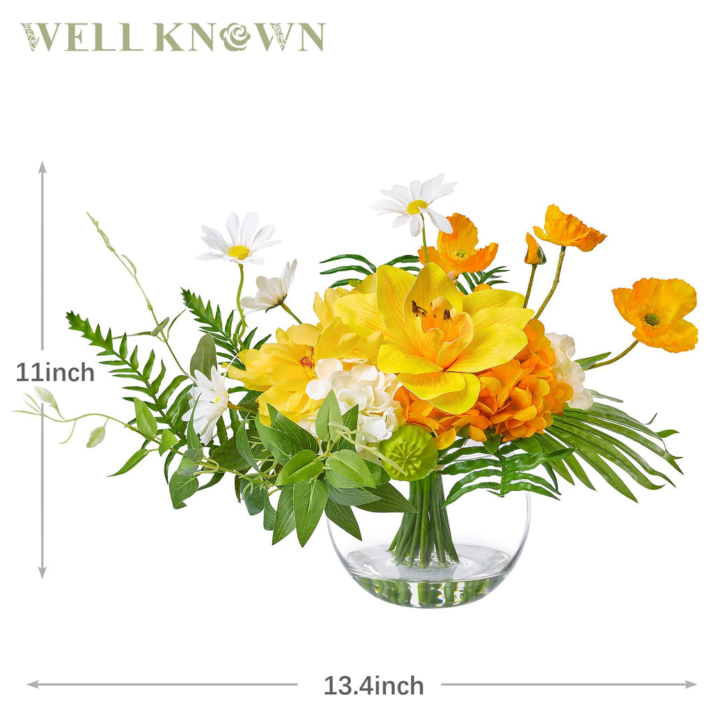 Artificial in Glass Vase for Dining Table Decor, Tropical Orange Orchid Flowers Bouquet Arrangement with Faux Water