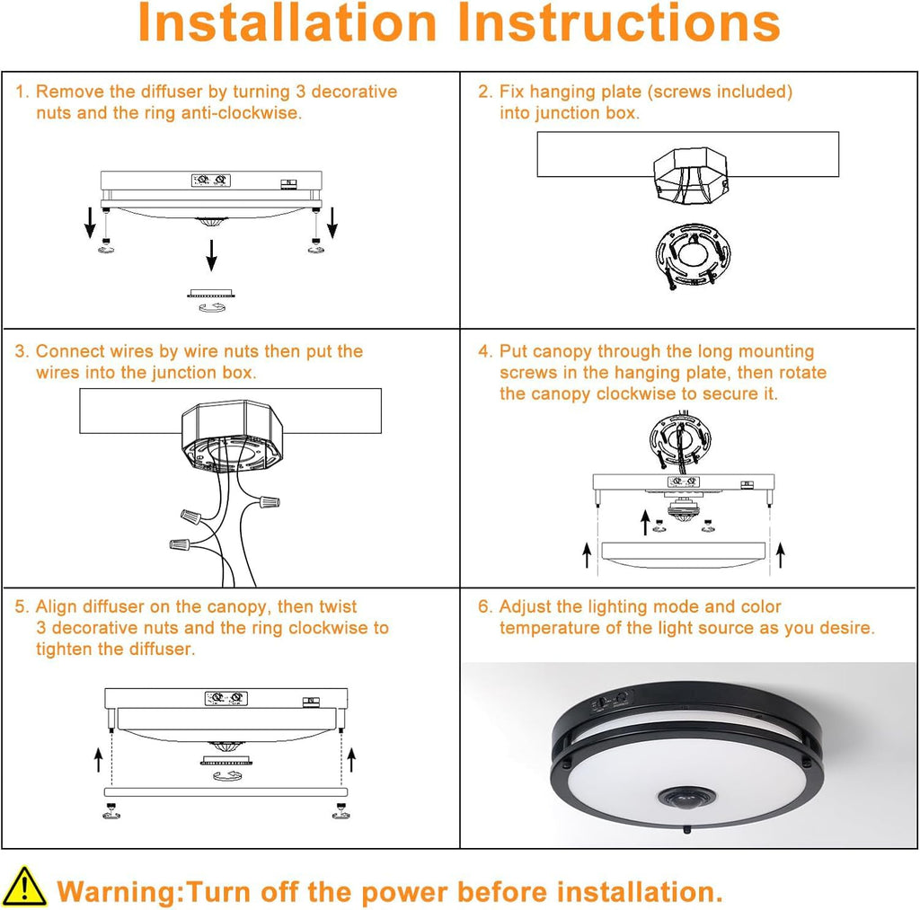 Outdoor Motion Sensor LED Ceiling Light, Dusk to Dawn, 12", 2 Pack