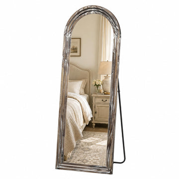 Distressed White 63x21 Arched Full Length Mirror with Stand