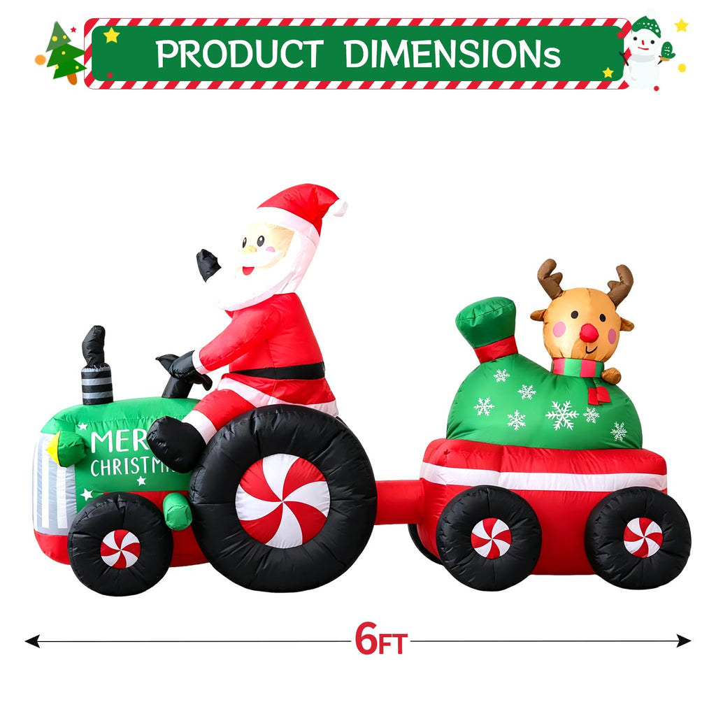 6FT Christmas Inflatables Tractor, Santa Claus Drive Tractor with Reindeer and Gift Bag Blow up Yard Decoration