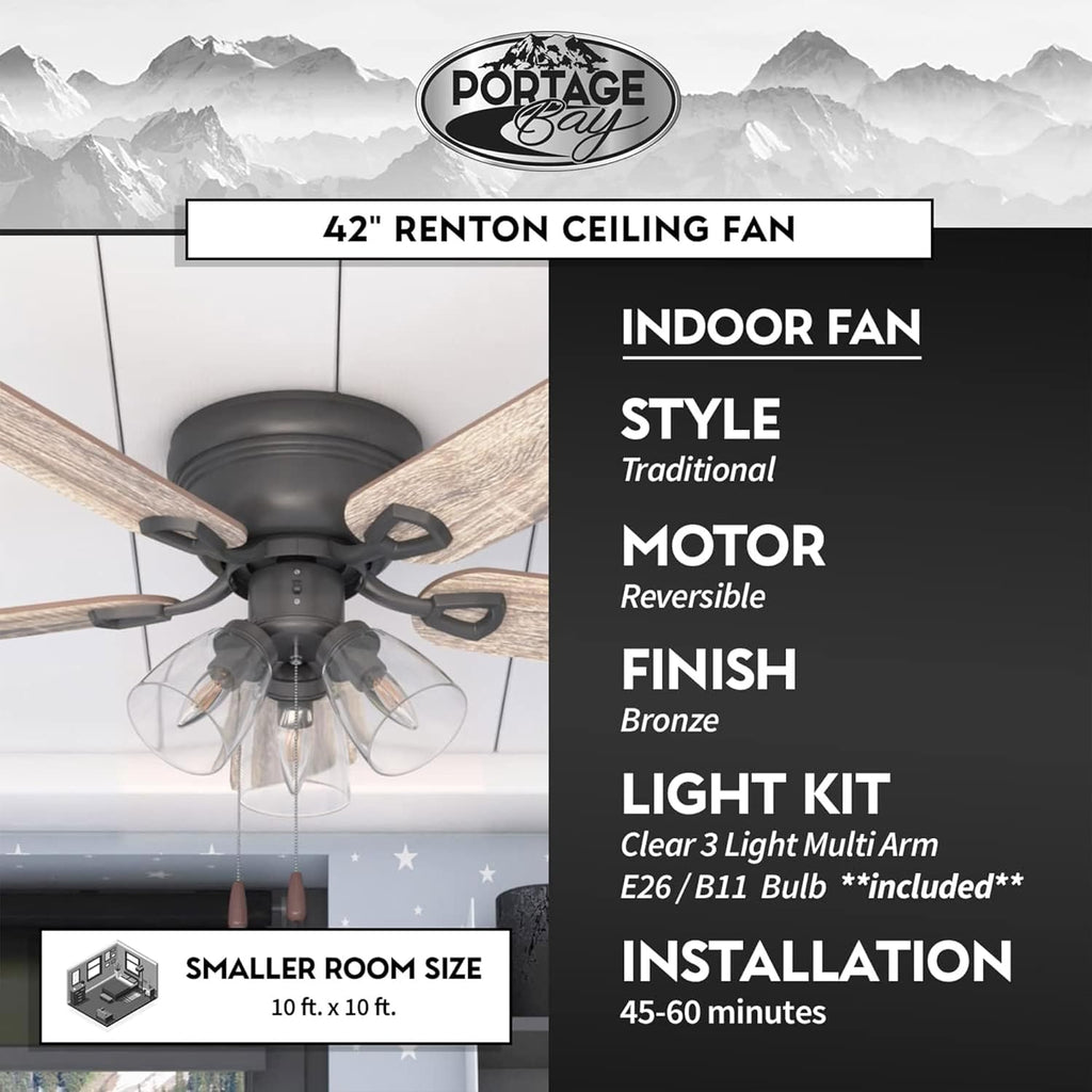Ceiling Fans Renton 42" Bronze Indoor Fan with Clear 3 Light LED Multi Arm; E26/B11 Bulb and Pull-Chains