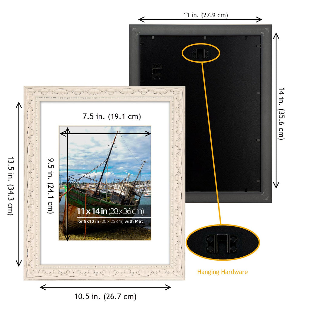 11x14 in Distressed Wood Off-white Vintage Antique Farmhouse Picture Frame, Museum Grade Off White Mat 8x10, UV