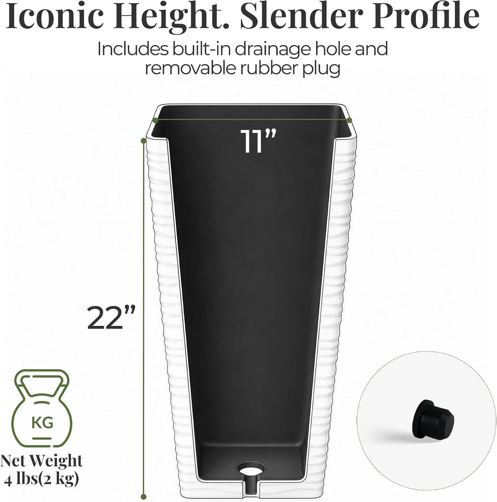 22" Tall Planters Set of 2 - White Square Plant Pots with Drainage Hole - Modern Large Tapered Matte Wavy Tree Flower