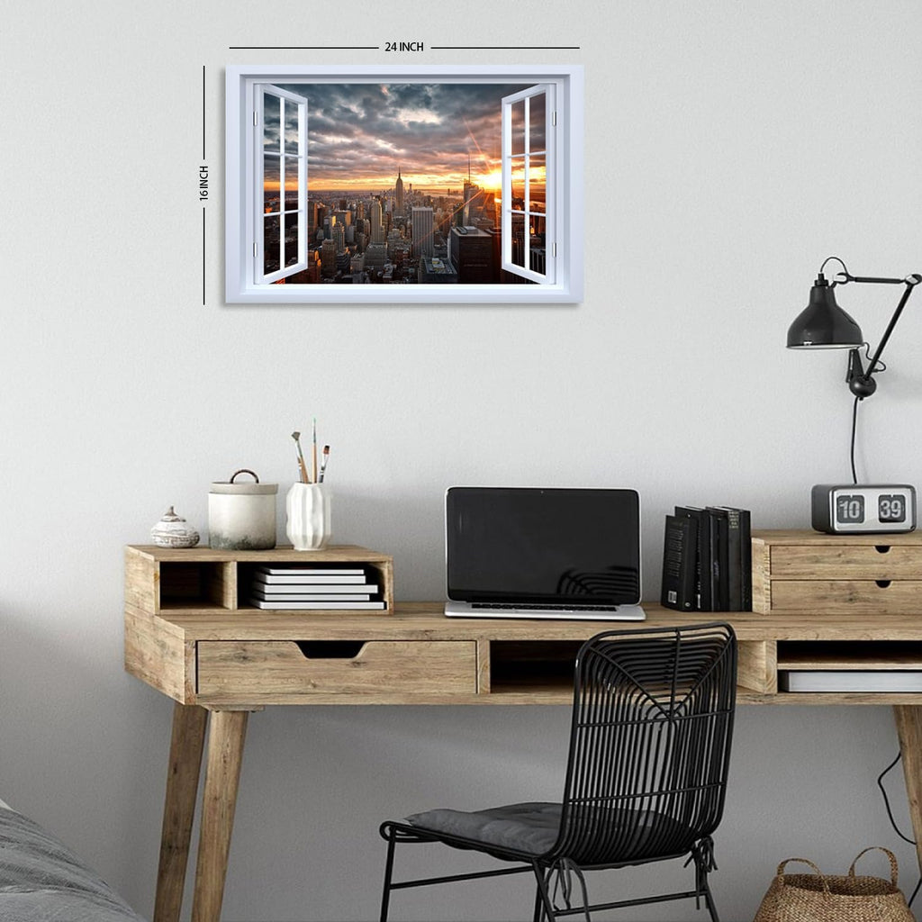 Modern Cityscape Canvas Wall Art Window View of Urban Architecture Panorama Picture City Skyscraper Building Artwork