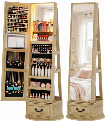 Mirror Jewelry Cabinet Standing with Lights, Lockable, Swivel, Wood
