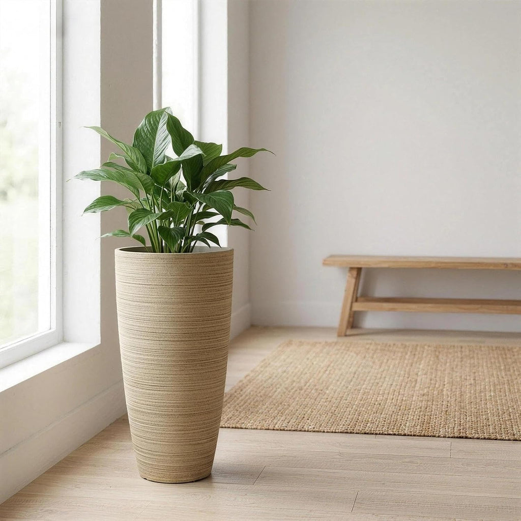 2-Pack Large Tall Planters with Saucer - 6.8 Gallons /12x21 Inch Faux Stone Finish Round Flower Pots for Indoor