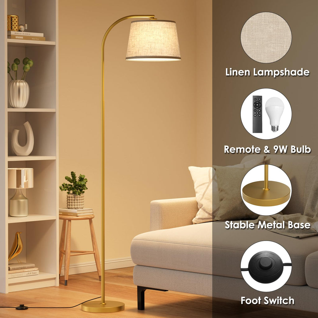 64" 3 Color Dimmable Gold Arc Floor Standing Lamp with Remote