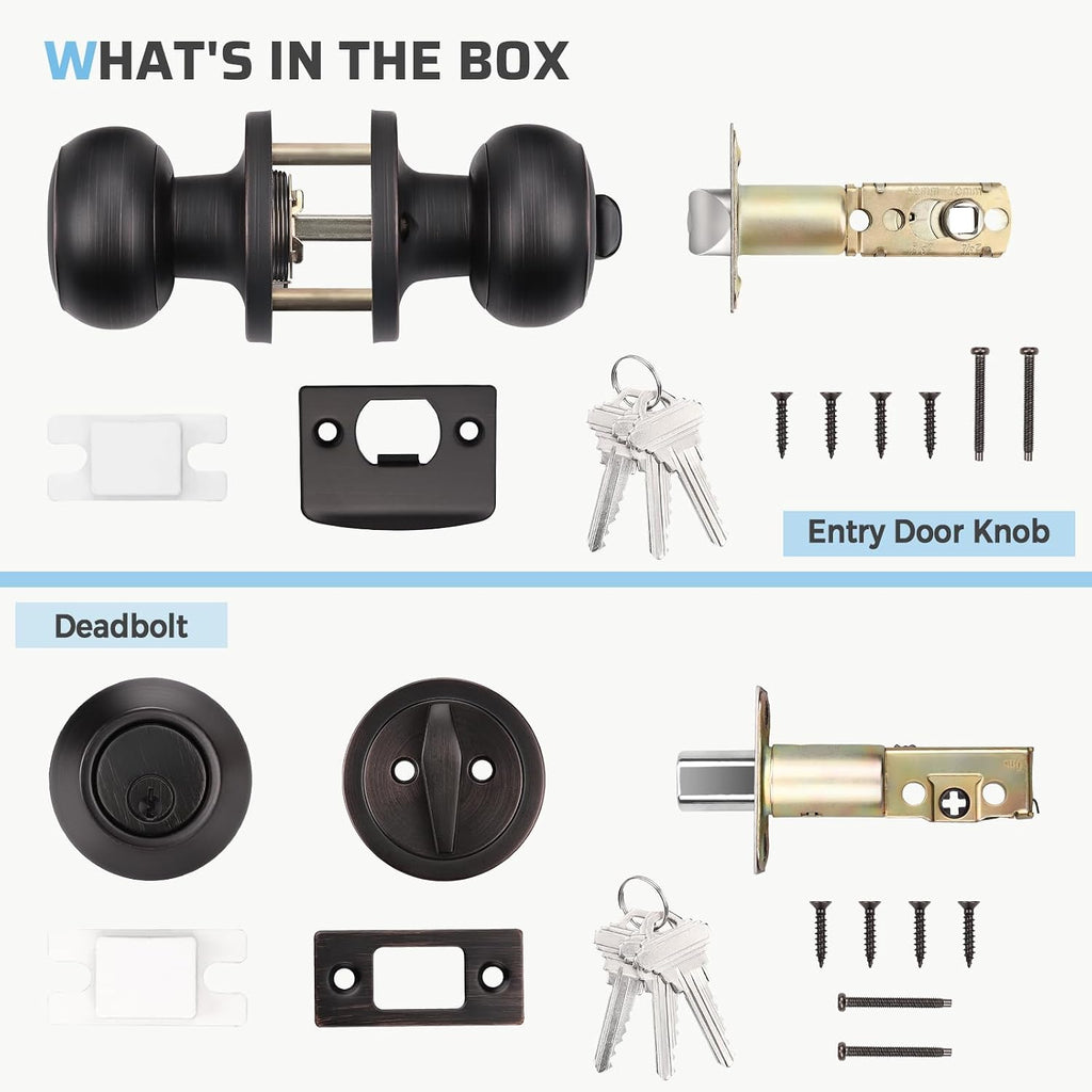 Keyed Entry Door Knob and Single Cylinder Deadbolt Combo Set, Exterior Door Knobs for Entrance and Front Door, Keyed