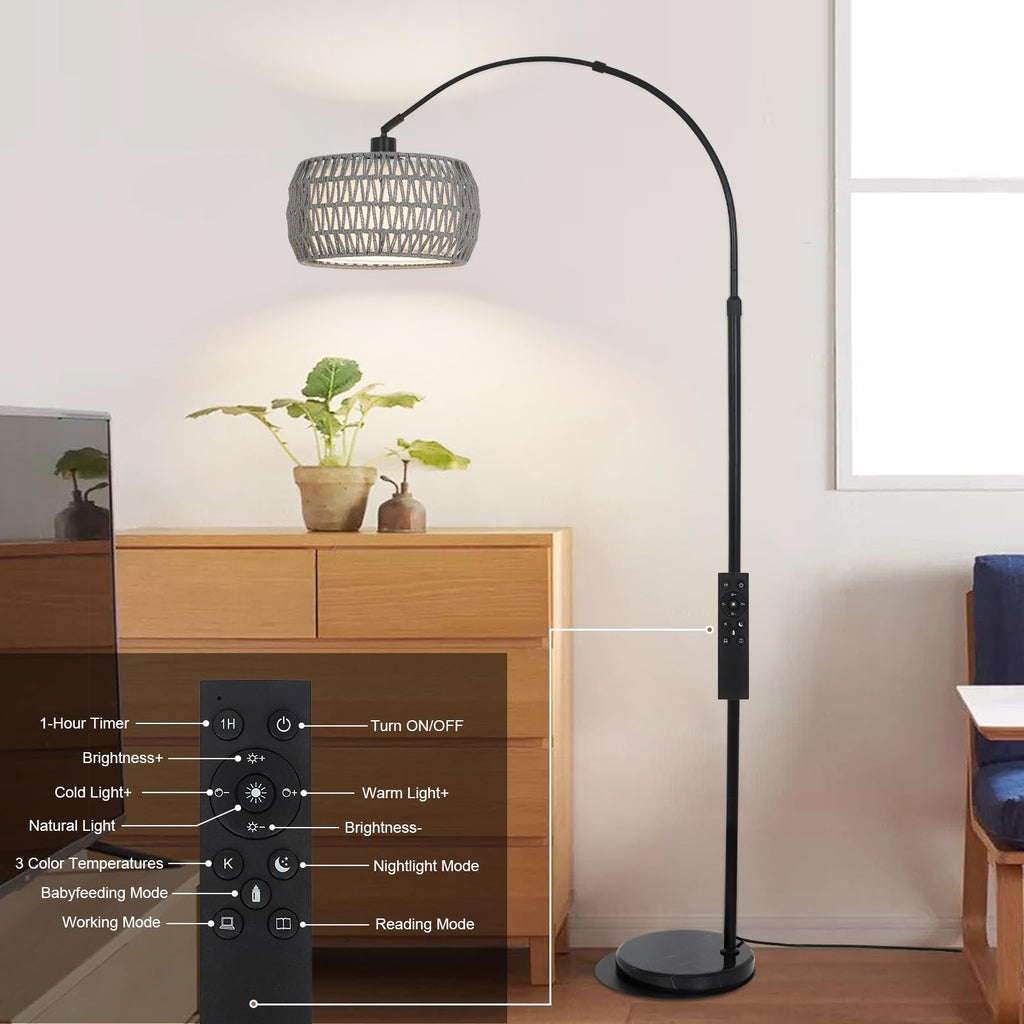 Arc Standing Lamp, Boho Floor Lamps with Remote and LED Dimming Bulb, Rattan Tall Lamp with 3 Color Temperatures