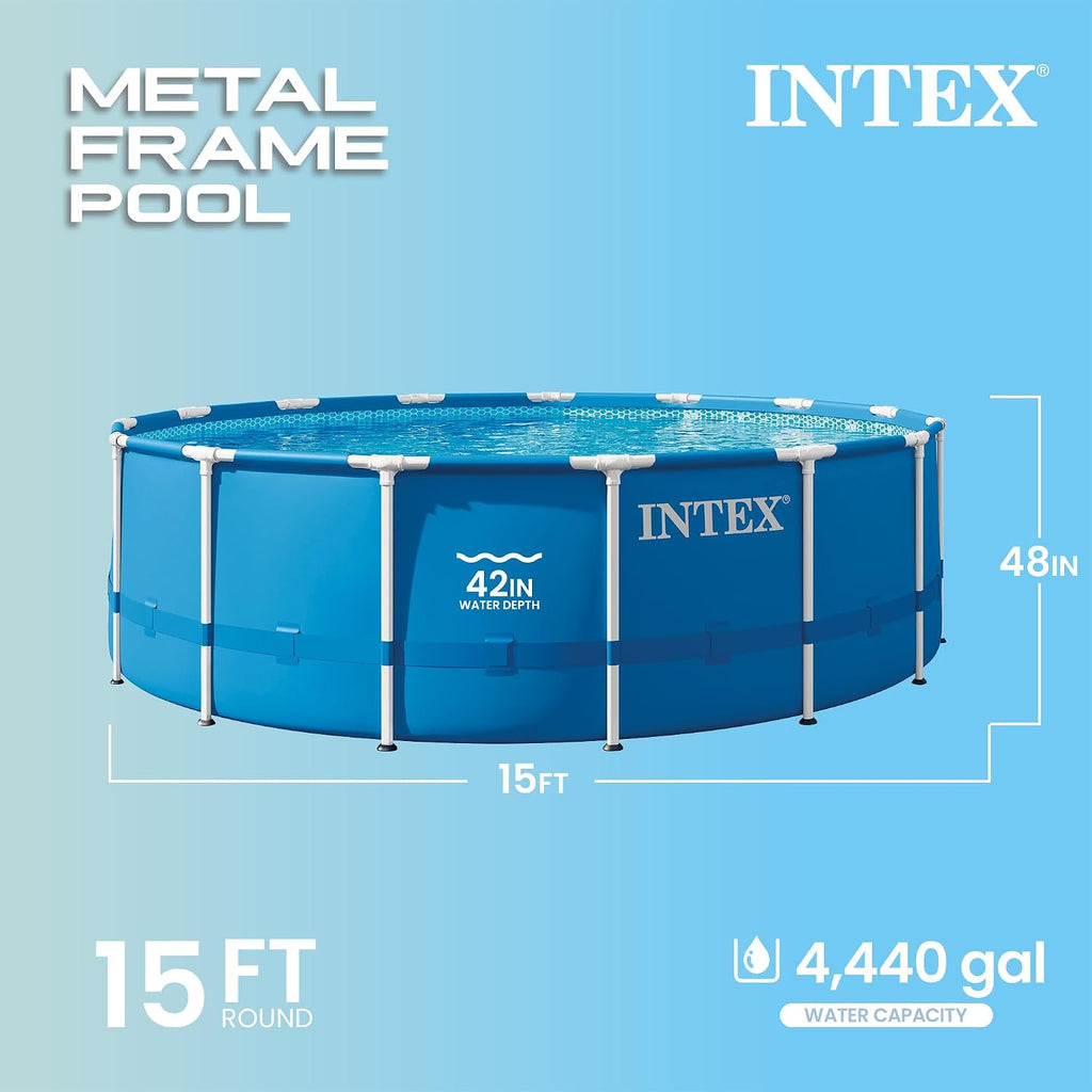 15 Foot by 48 Inch Round Metal Frame Above Ground Swimming Pool Set for Outdoor Use with Filter Pump, Ladder, Ground
