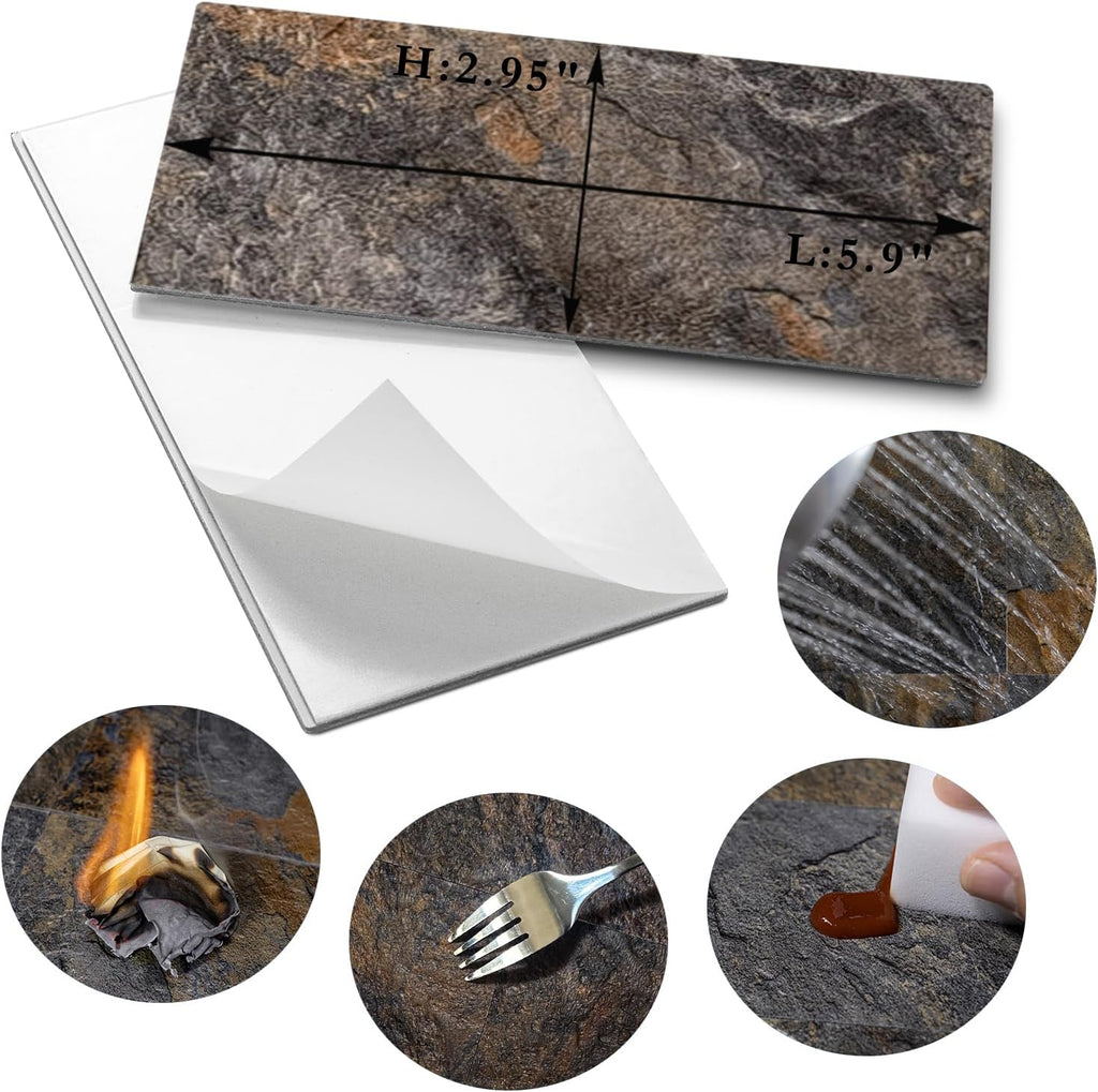 100 Piece Rust Slate Peel and Stick Backsplash Wall , 3" x 6" PVC Faux Stone Stick on for Backsplash Kitchen