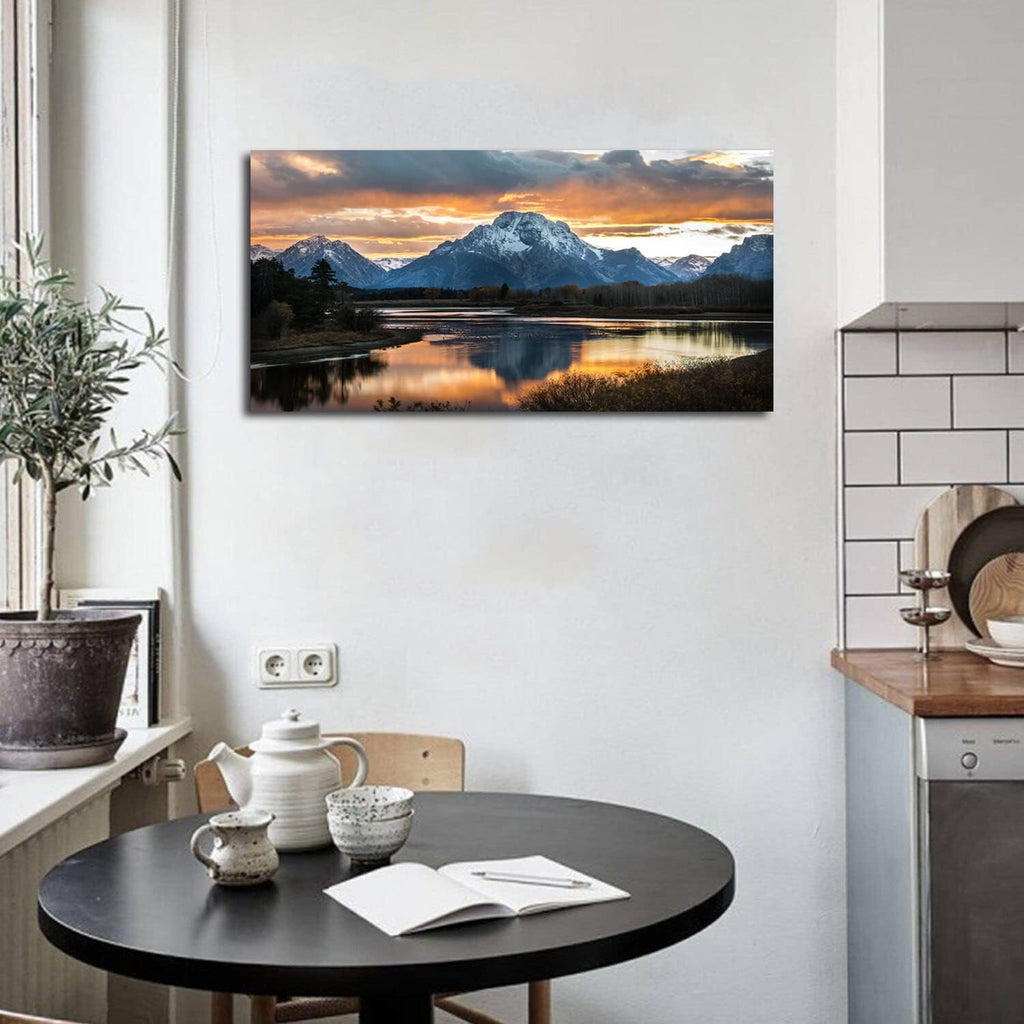 Sunset Mountain Wall Art Nature Grand Teton Landscape Canvas Wall Decor National Park Wall Art Oxbow Bend Snake River