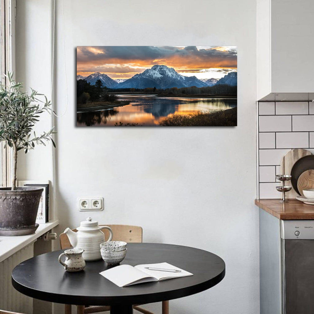 Sunset Mountain Wall Art Nature Grand Teton Landscape Canvas Wall Decor National Park Wall Art Oxbow Bend Snake River