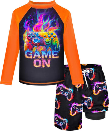 Boys Rash Guard Swim Set with Swim Trunks Bathing Suit Long Sleeve Swim Shirt Quick Dry Swimsuit Kids Swimwear Size