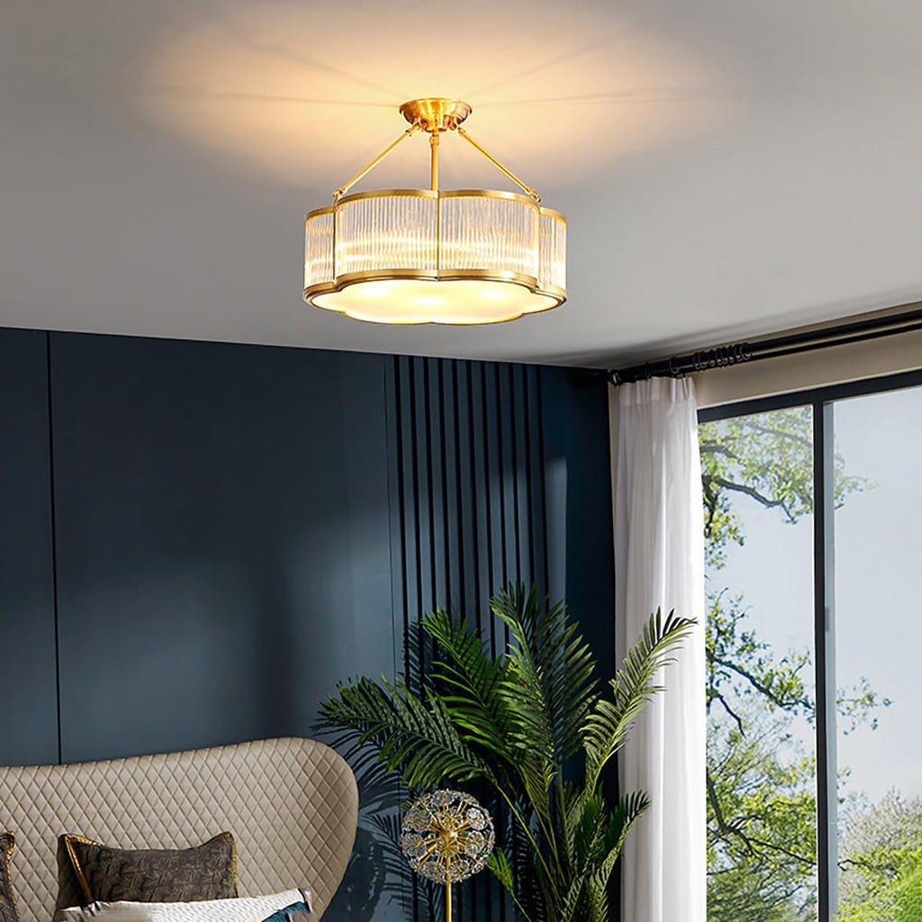 24 in Large Semi Flush Brass Chandelier for Living Room Bedroom | 6-Bulbs Design,Gold Ceiling Light,Art Deco Light