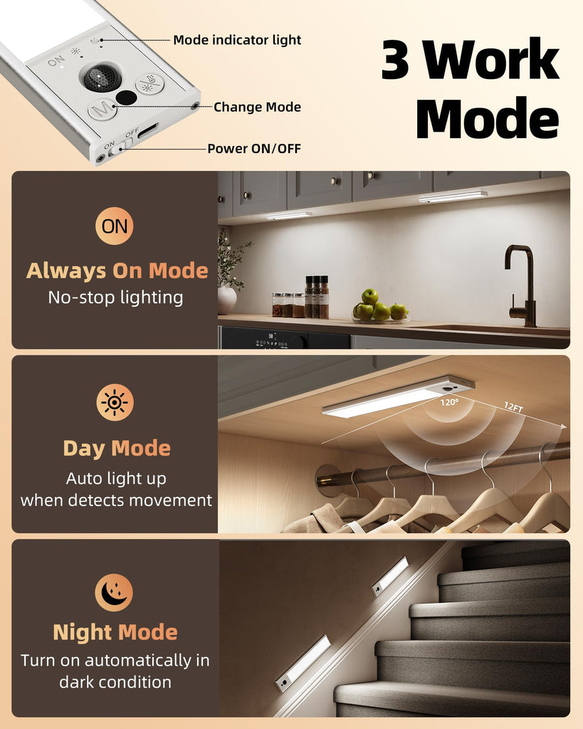 14.5inch Under Cabinet Lighting, 2 Pack 3500mAh Rechargeable Wireless Motion Sensor Lights Indoor, Dimmable Magnetic