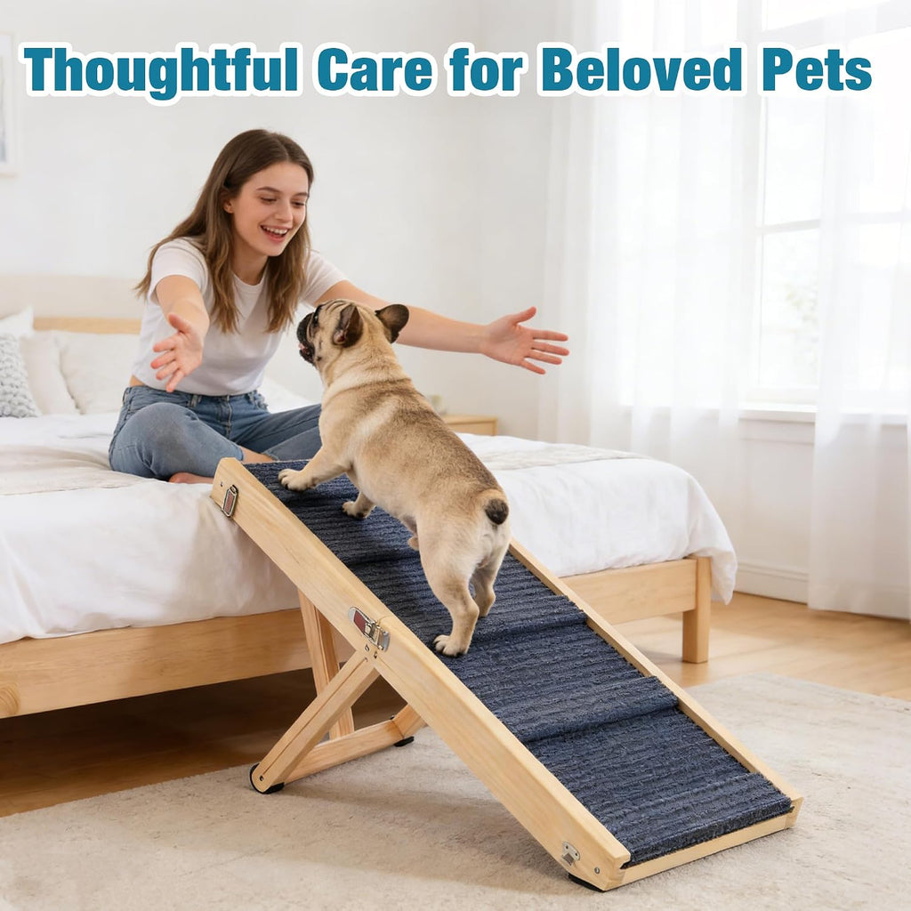 Dog Ramp for Bed, 19.5" H Adjustable Folding Ramp for Dogs to Get on Bed, Solid Wood Dog Ramps for Small Dogs