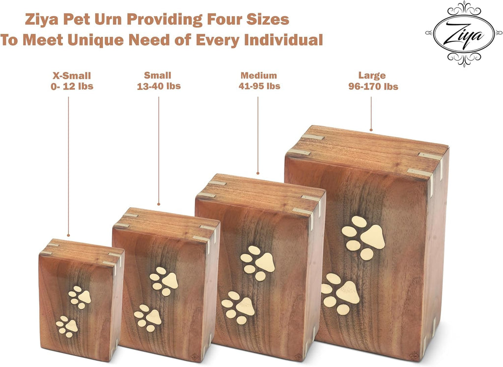 Wooden Small Cremation Pet Urn for Dog and Cat Ashes Box | Handmade Wood Memorial Pet Urn | Brass Paws Inlaid | Pet