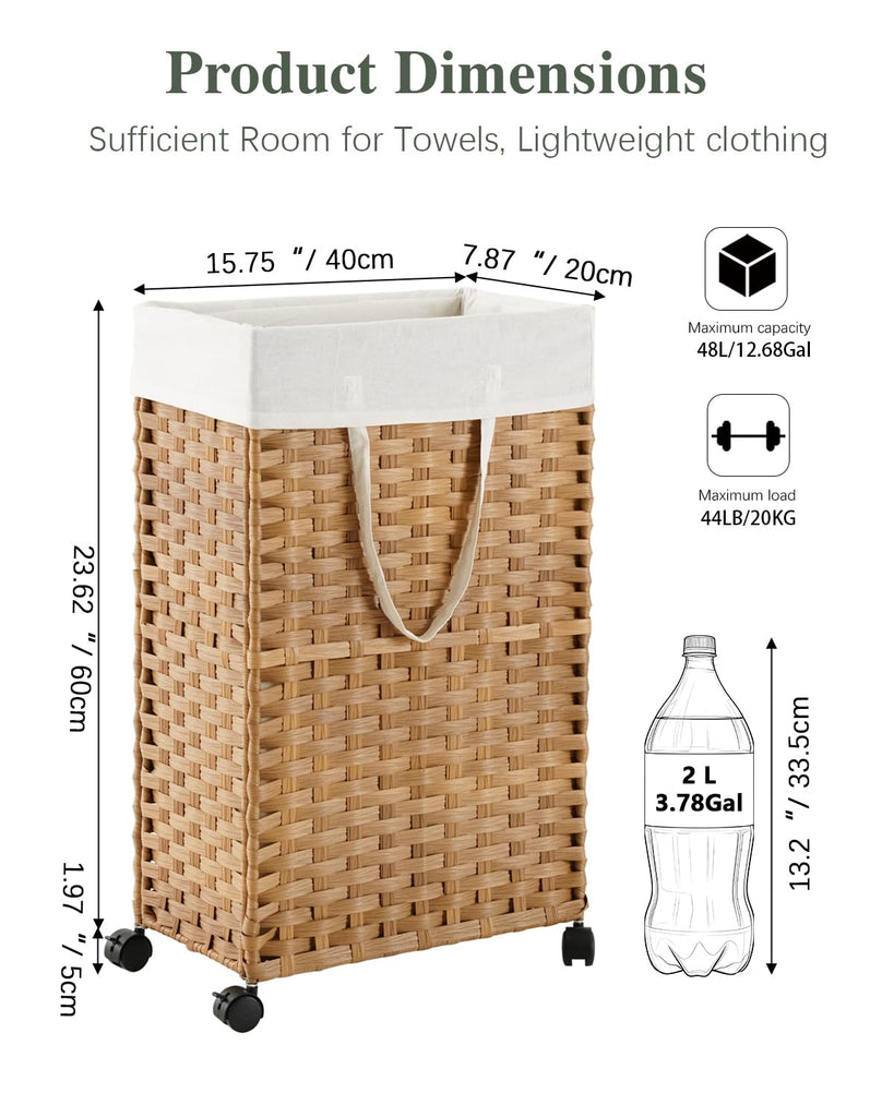 Slim Laundry Hamper with Wheels, 48L Narrow Laundry Hamper Natural