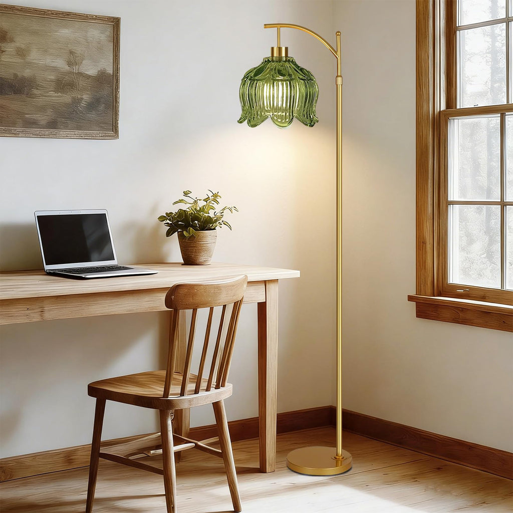 Glass Floor Lamp,Gold Dimmable Standing Lamp with Remote,Mid Century Modern Brass Tall Lamp Boho Vintage Floor Lamps