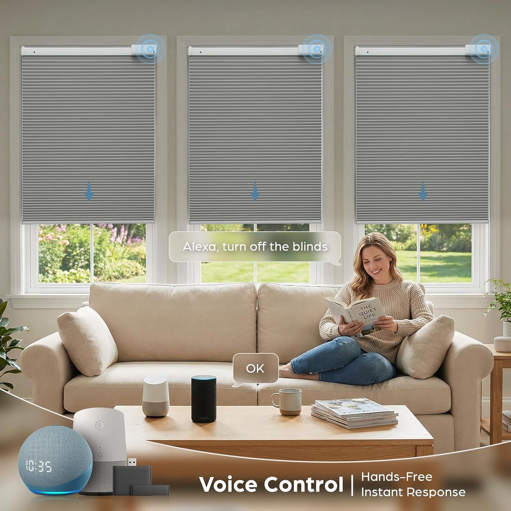 Motorized Cellular Shades with Remote,No Drill Smart Blackout Honeycomb Blinds, Cordless Automatic Electric Window