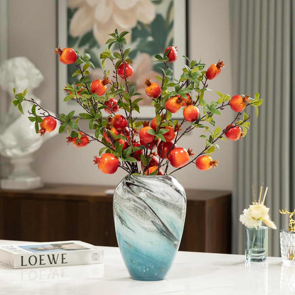 11" H Teal Glass Vases for Flowers, Unique Hand Blown Glass Vase Blue Home Decor, Wide Mouth Colorful Flower Vase