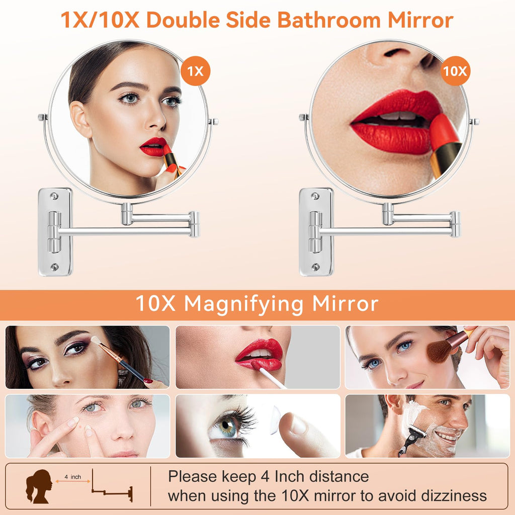 8 inch Wall Mounted Makeup Mirror, 1X/10X Magnifying Double-Sided Wall Mount Shaving Mirror (Close-Up 10X)