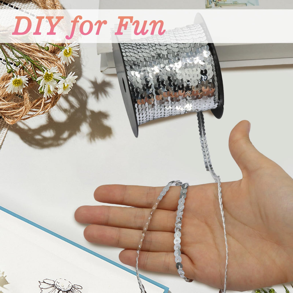 Sequin Trim, Silver, 6mm Flat Round Sequins - 100 Yards