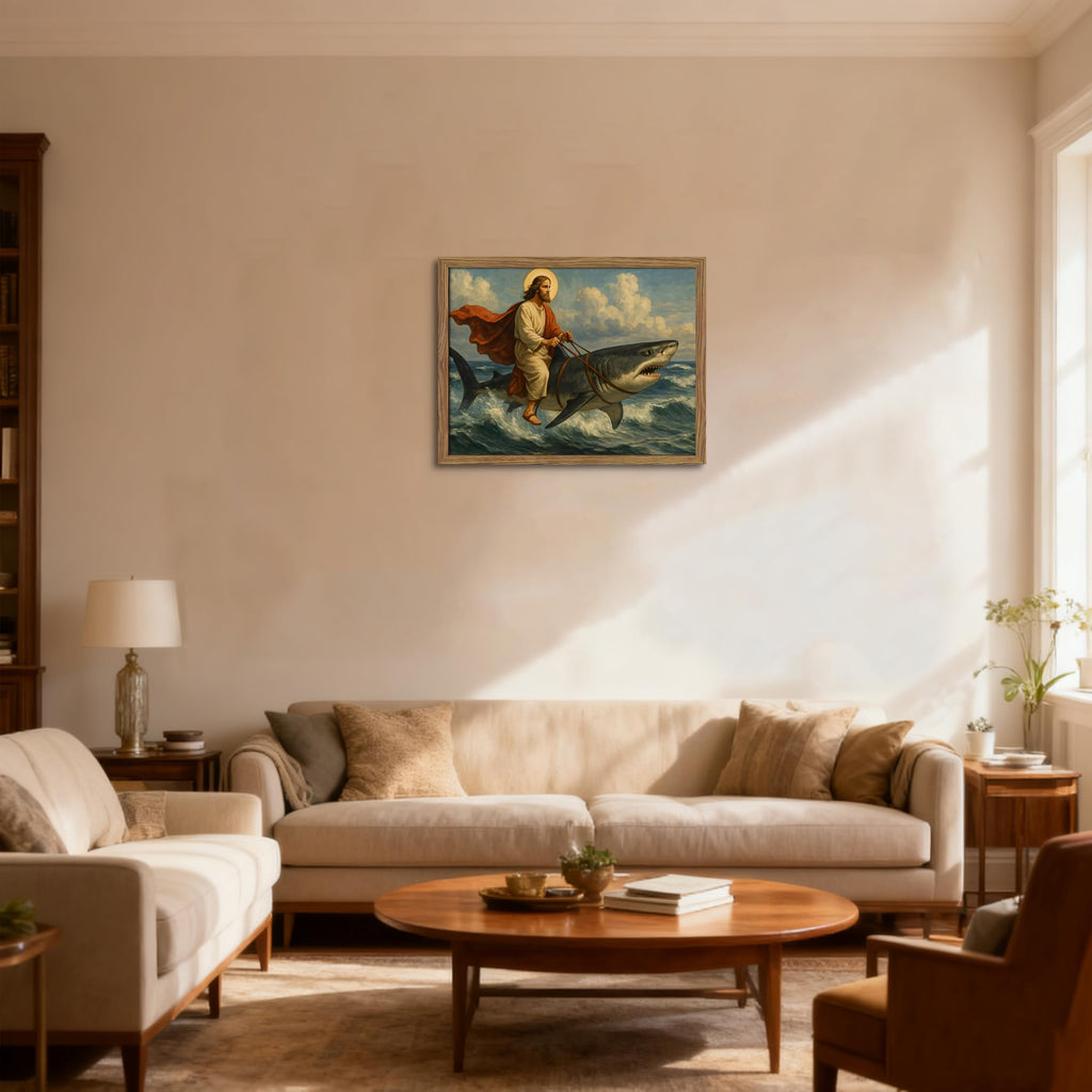 Framed Jesus Riding a Shark Wall Art, Humorous Christian Canvas Print, Fun Jesus Oil Painting, Religious Comedy Wall