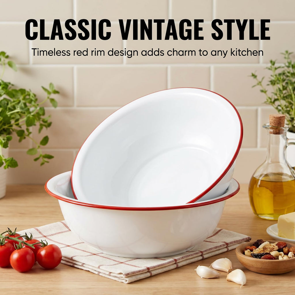 2 Pack 3 Quart Large Enamel Serving Bowl, 11" Unbreakable Vintage Metal Enamel Mixing Bowl, White and Red Kitchen