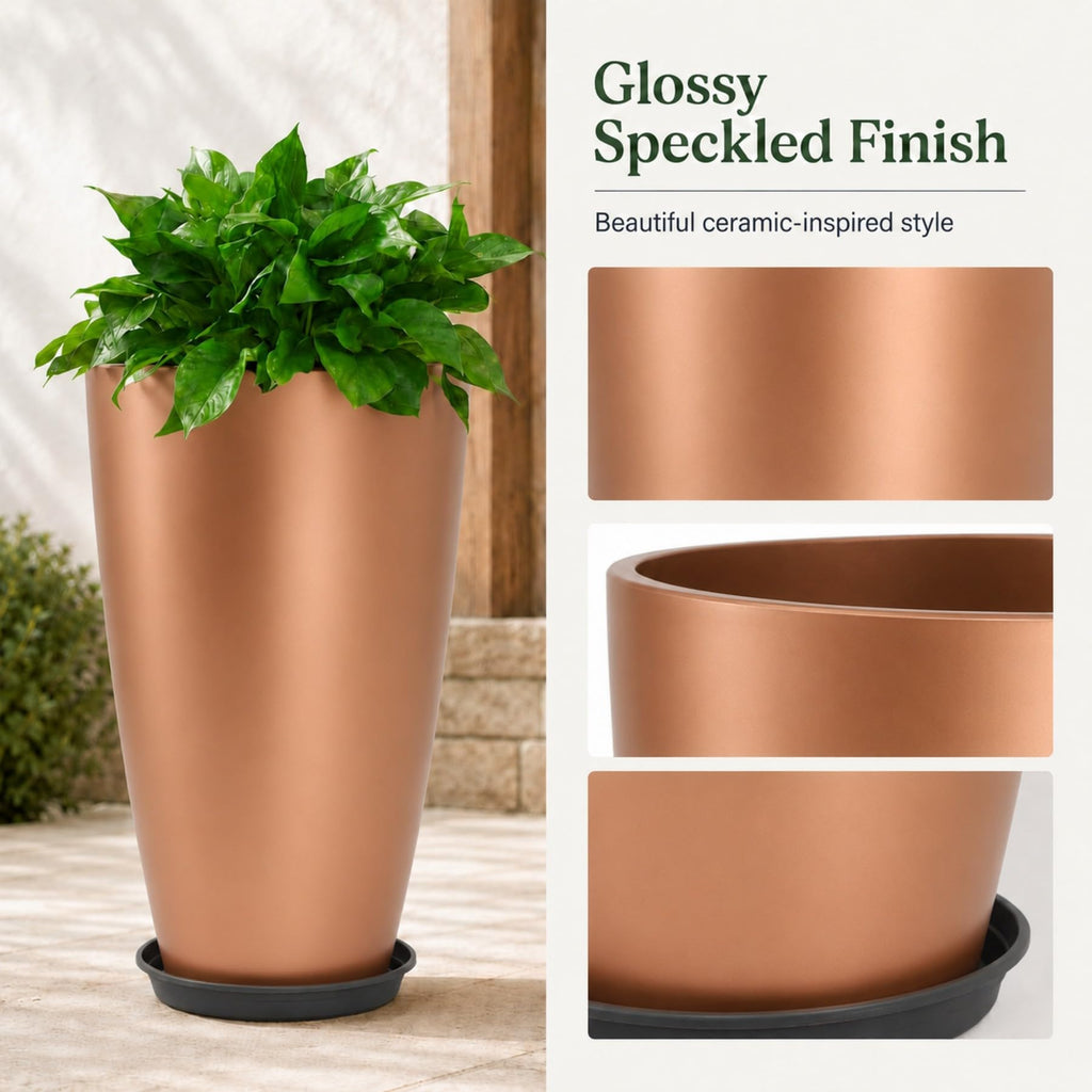 Set of 2 Tall Planter, 21 inch Large Plastic Planter, Rose Gold