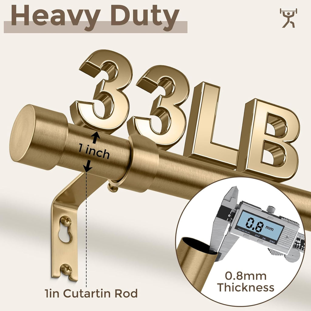 Warm Gold Curtain Rod 48 to 84 Inch, Heavy Duty Brass Curtain Rods for Window, 1" Diameter Adjustable Window
