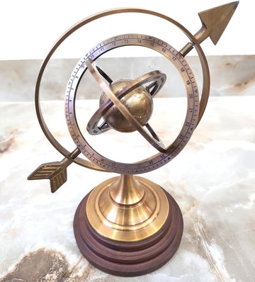 Decorative Brass Armillary Sphere Sundial, Antique Bronze and Wood Base, Celestial Globe Design, Desktop Nautical