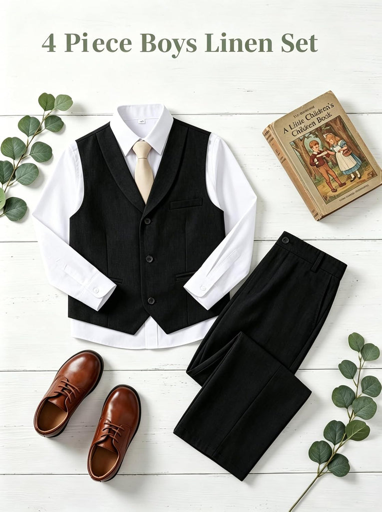 Boys Linen Suit 4 Pcs Beach Summer Outfit Boy Formal Dress Vest Pants