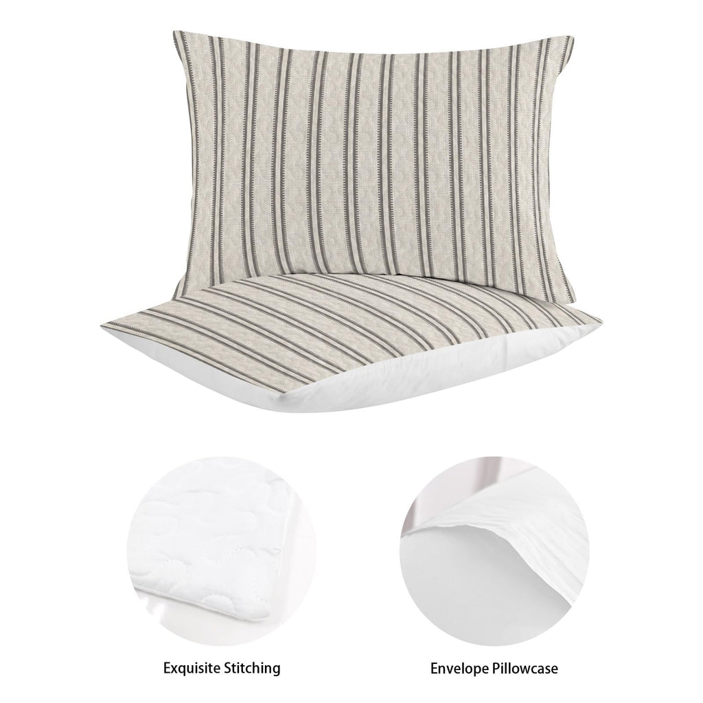 Ticking Stripe Quilts Bedding Set Minimalist Vertical Lines Beige Linen Texture Lightweight Quilted