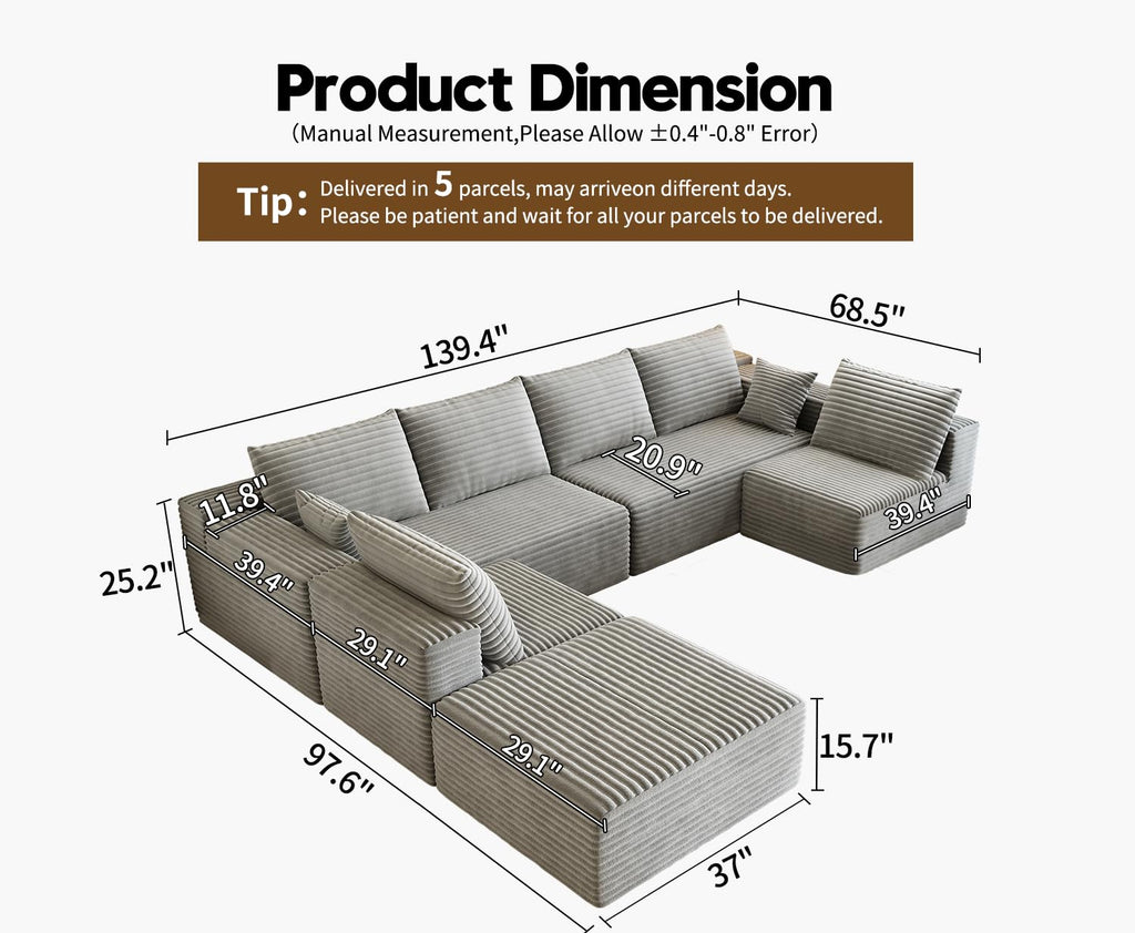139.4" Modular Sectional Sofa, Oversized U-Shaped Minimalist Couches with 2 Middle Seats and 1 Ottoman Chaise, Modern