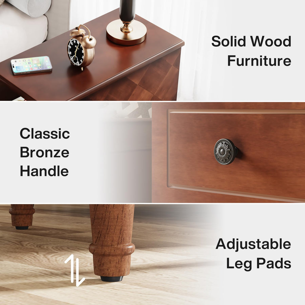 Solid Wood End Table, Fully Assembled Side Table with Drawers