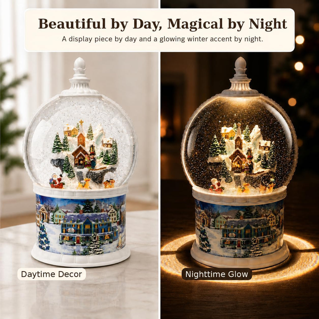 10.24" Large Christmas Snow Globe Lantern, Lighted Musical Winter Village with Swirling Glitter, Rotating Santa &