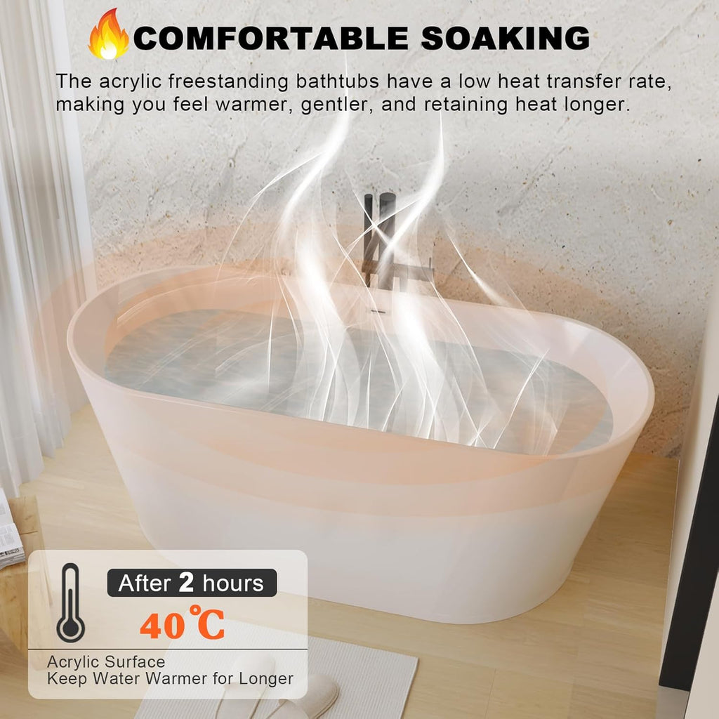 Zavdte 55" Freestanding Acrylic Bathtub, Gloss White Stand Alone Soaking Tub with Toe-tap Chrome Drain, Double-Wall